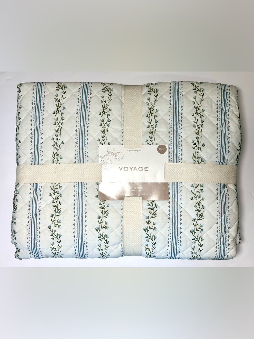 Voyage Primavera Queen Cotton Coverlet Set, Blue Green Mini Floral Brand New